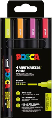 POSCA 182548 - POSCA Marker Set, 4 stylos acryliques néon PC-5M, marqueur permanent 1,8-2,5 mm pointe ogive