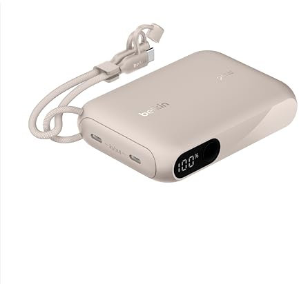 Belkin Batterie Externe 10000mah, Power Bank Charge Rapide avec 2 Ports USB-C (Chargeur Portable, écran, 20 W, pour l'iPhone 16 et 15, Samsung Galaxy S25 et S24, Pixel 9, iPad, etc., Beige)