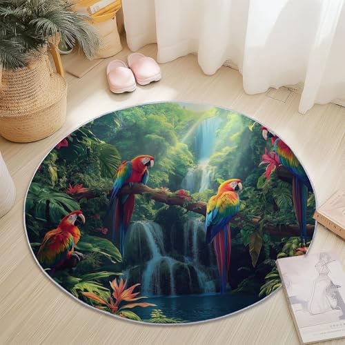 Generisch Teppiche für Wohnzimmer Rund, Natur Dschungel Vögel Drucken Teppich Schlafzimmer Groß Flanell Flauschig Weich rutschfest Fußmatte Waschbar für Kinderzimmer, Durchmesser 100 cm, Grün