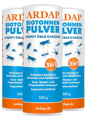 ARDAP Biotonnenpulver 3 x 500g - Anti Maden Biotonne - Mülltonnen Pulver - Gegen Fliegen, Maden, Ungeziefer & üble Gerüche - Für ca. 600l Bio Abfall - Stoppt üble Gerüche, biologisch abbaubar