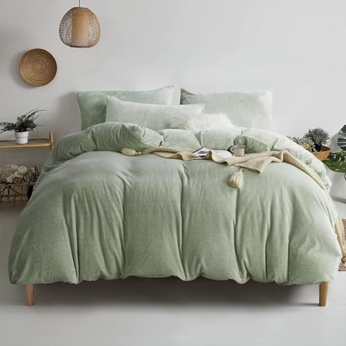 YASMENG Housse de Couette Flanelle 220x240 Hiver Doux Velours de Lait Vert | Parure de Lit Polaire Chaude Duveteux Douillet Linge de Lit 2 Personne avec Fermeture Éclair et Taies d'oreiller 65x65 cm