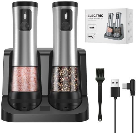 Electric Salt and Pepper Grinder Set, 2 Pack Rechargeable Automatic Pepper Mill, with Charging Base,5-Level, Display, LED Lighting,Large Capacity (2, Stainless Steel, USB Charging Base)