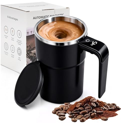 LOMUG Taza de café automática con agitación automática, 380 ml, taza de café con indicador de temperatura de acero inoxidable, vaso mezclador para café y leche, recargable (negro)