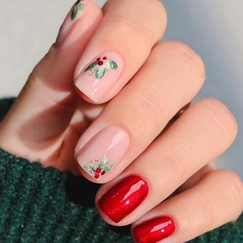 Christmas Press On Nails, Short Square False Nails with Red Flower Designs, 24PCS Red & Nude Stick On Nails Manicure Kits for Christmas Nail DIY, Reusable Fake Nails for Festive Looks