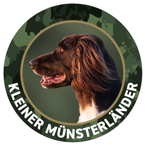 Kleiner Münsterländer KLM Aufkleber - Premium Jagdhund Aufkleber - Sticker für Auto, Pkw, Kfz, Kofferraum oder Autoscheibe - mit Hunde und Jagdhundemotiven, Ø 10 cm, Outdoor - Made in Germany