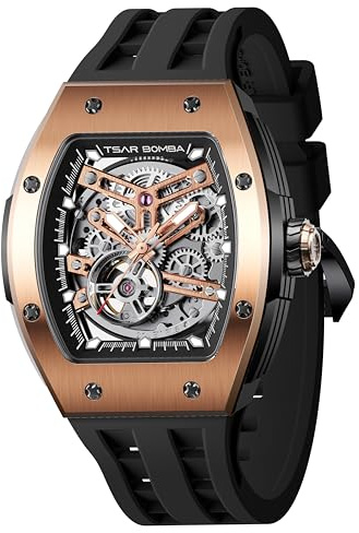 TSAR BOMBA Montre Automatique pour Homme Montre Squelette de Luxe Tonneau pour Homme Montre mécanique étanche à 50 mètres Montre analogique