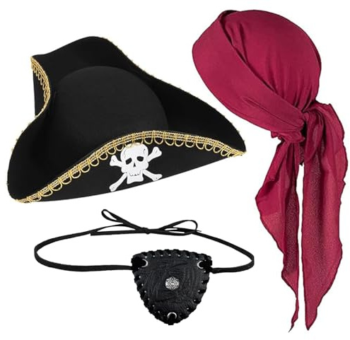 CWENDANER Lot de 3 accessoires de costume de pirate - Foulard de pirate rouge bordeaux, cache-œil en cuir gaufré et chapeau de pirate - Ensemble de costume pour adultes pour carnaval, Halloween et
