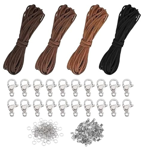 Mehrfarbig Lederband Für Ketten, Zuschneidbares Lederband Set, Reißfest Lederschnur Mit 100 Zubehörteile Für Schmuckhandwerk, Armbänder Halsketten DIY Basteln (4 Farben)