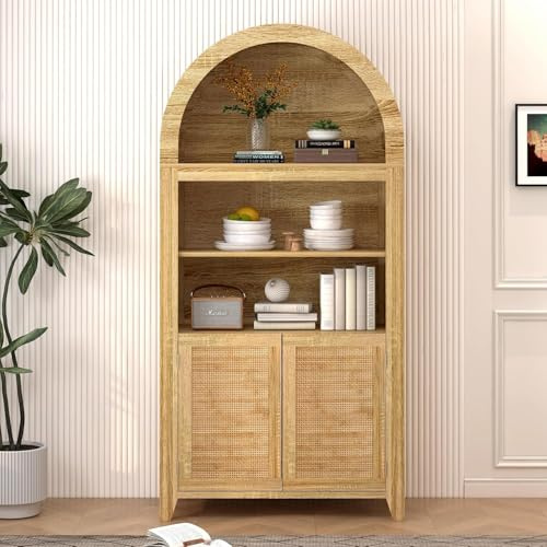 BYCCZMGAD Gewölbte Vitrine, 160Cm Vitrinenschrank Mit Flechttüren, Mit 3 Offenen Fächern und 2 Geschlossenen Regalböden, Geeignet Für Schlafzimmer, Wohnzimmer und Büro, Naturfarben (Stil 2)