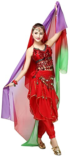 ZLTdream Damen Bauchtanz-Schal und Schleier aus Chiffon, 2,5 x 1,2 m, - Grün-Rot-Lila, Einheitsgröße
