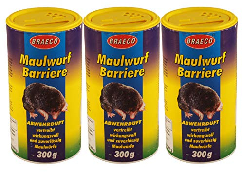 3x300g Maulwurf Barriere von BRAECO, Maulwurfabwehr, Abwehrduft gegen Maulwürfe, Maulwurfschutz, vertreibt wirkungsvoll und zuverlässig Maulwürfe