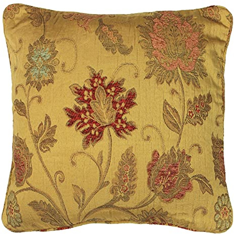 Riva Paoletti Zurich Feather Filled Cushion Yellow-Decorative Floral Jacquard Design-Piped Edges-Reversible-100 Case (18 x 18 inches) -Designed in The UK, Polyester, Gold, 45 x 45cm