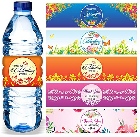 PARTH IMPEX Water Bottle Labels (Pack of 100/5 Designs) Wrap Around 8.5 x 2.25 Wrappers Thank You for Celebrating with us Stickers for Wedding Bridal Baby Shower Birthday Party Decoration