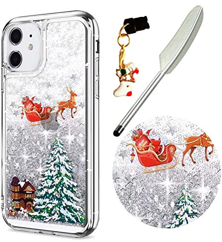 Reevermap iPhone 11 Case Christmas Phone Case, Protective Clear Shiny Glitter Liquid Floating Soft Silicone Xmas Santa Claus Cover for iPhone 11 & One Touch Pen & One Dust Plug, Silver