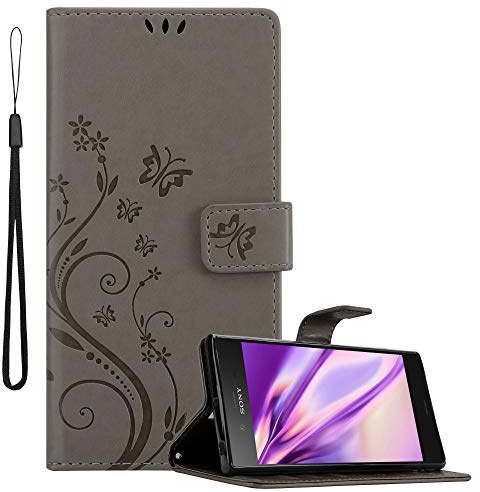 Cadorabo Hülle kompatibel mit Sony Xperia XZ1 Blumen Design aus Premium Kunst Leder Flip Klappbare Stoßfeste Magnetische [Standfunktion] [Kartenfächern] Cover Hülle für Sony Xperia XZ1 Tasche in Grau