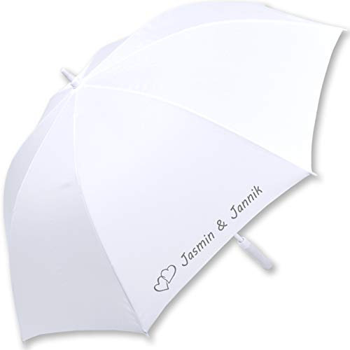 iX-brella XXL Hochzeits-Stockschirm Automatik - All In White - verbundene Herzen personalisiert mit Namen