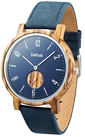 Zeitholz Holzuhr Herren, für Herren, Armbanduhr, Holzuhren Amtsberg Kollektion, Analog, 42mm, 100% Naturholz mit Japanischem Quarzwerk. (Blue)