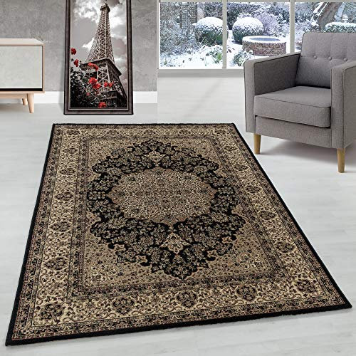 Orient Teppich Wohnzimmer Orientalisch Design Klassisch Optik Kurzflor Pflegeleicht, Farbe: Schwarz, Größe: 300 x 400 cm