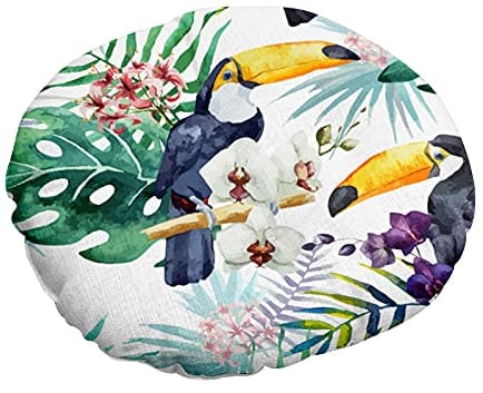 FANSU Stuhlkissen Rund 40cm, Vogel Drucken Sitzkissen Leinen Weiches Stuhl Auflage Tatami Atmungsaktiv Komfortable Sitzpolster für Indoor Zuhause Stuhl Balkon Garten (40x40x6cm,Tukan-Monstera)