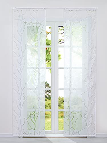 HeichkelL 2er Schiebegardinen Ausbrenner Modern Flächenvorhänge mit Klettband Transparente Fensterstores Äste Muster Dekoschals inkl. Beschwerungsstäben Weiß BxH 57x245 cm