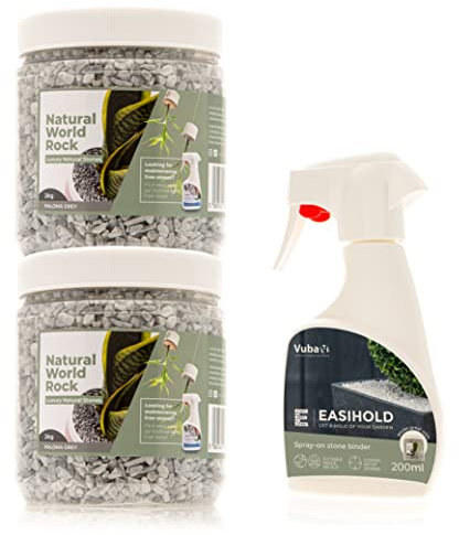 Paloma Grey Fixed Stone Kit - Pack of 2x Natural World Rock Plant Topper Stones 2kg Tubs & 200ml Easihold Stone Fixing Spray | 4kg | 5mm Diameter Stones | Home & Garden Plant Pots & Decorations