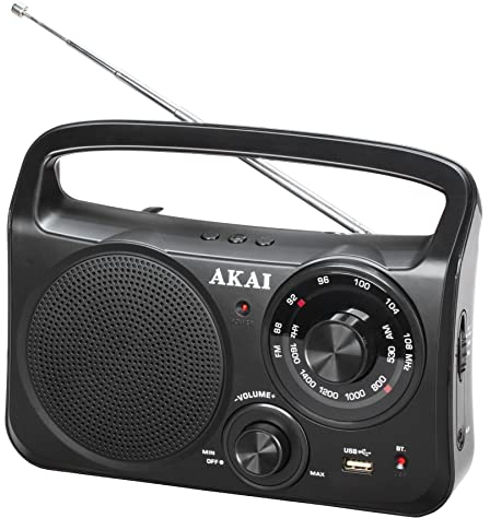 AKAI Tragbares AM/FM Radio mit Bluetooth, USB und AUX Klassisch, Robust und einfach in der Bedienung LCD-Anzeige Batteriebetrieb möglich