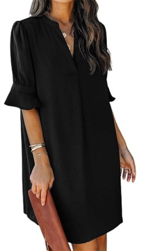 QACOHU Summer Dresses for Women 2026 Casual Ruffle Short Sleeve V-Neck Flowy Swing Shift Dress Black L