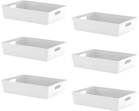 simpa 6L 6 Litre Plastic Storage Basket Studio Organiser Trays with Handles - White, Set of 6 Trays - 8cm (H) x 35cm (L) x 26cm (W)