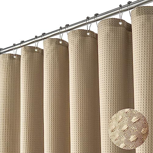 Dynamene Rideau de douche extra long - 213 cm de long - Tissu gaufré lesté épais - Pour salle de bain, hôtel - Avec 12 crochets en plastique - 183 x 213 cm - Beige/kaki