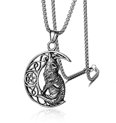 OIDEA Retro Herren Halskette Wolf: Vintage Wikinger Slav Wolfkopf Halbmond Anhänger mit Weizenkette aus Edelstahl Kette Silber chmuck Geschenk für Männer Junge