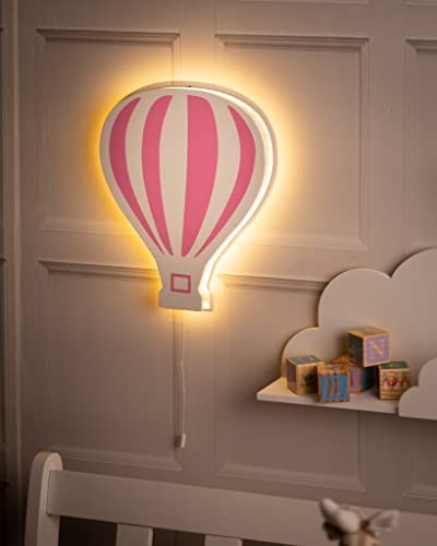 Marco Paul Rosa Heißluftballon Holz Weiß LED Nachtlicht Batteriebetriebenes Nachtlicht Kinderzimmer Dekor Wandleuchten Wandmontage Kinderzimmer Nachttischlampe Baby Geschenke Schlafzimmer Dekor
