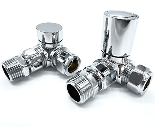 Reeds Corner Radiator Valves Angled Chrome Valve Set - Heated Towel Rail - Radiator Block Valves (Twin Pack) with Round Metal Handles Quality Chrome Finish