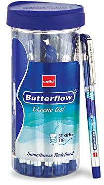 Cello Butterflow Classic Gelschreiber Set | 20 Stück Gelschreiber | 20 blaue Tintenfarbstifte | Federspitze | glattes Schreiberlebnis | für Schule und Büro | Bester Stift für Prüfungen