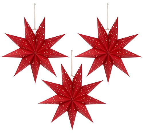 SOLUSTRE 3 Stücke Weihnachten Papier Stern Hängende Laterne Lampenschirm Weihnachtstag Aushöhlen Design Dekoration für Led-Licht Hochzeit Geburtstagsfeier Wohnkultur Rot
