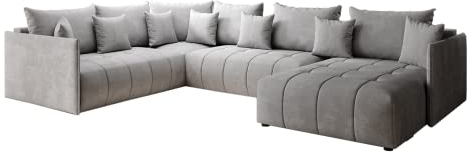 GRAINGOLD Ecksofa Ardi Bis 349 x 239cm - Bequemes, Elegantes, großes Schlafsofa mit Bettkasten, Schlaffunktion - Wohnzimmer Sofa im modernen Stil - Steppungen und Nähte, bequemer Schlaf
