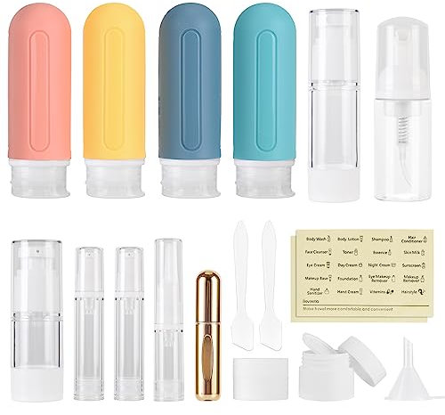 Beveetio Reiseflaschen, TSA-geprüft, auslaufsicher, Silikon, nachfüllbar, Reisegröße, für Toilettenartikel, BPA-frei, Reisezubehör, Tuben, Kosmetik, Shampoo, Lotion, Seife, 19 Stück