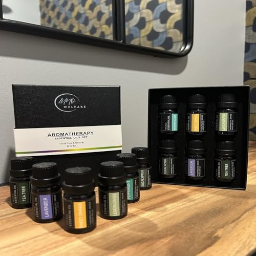 Coffret Huiles Essentielles 6x10ml LUNO Welfare, 100% Pures pour Diffuseur, Kit Aromathérapie Cadeau, Lavande Eucalyptus Tea Tree Orange Citron Menthe