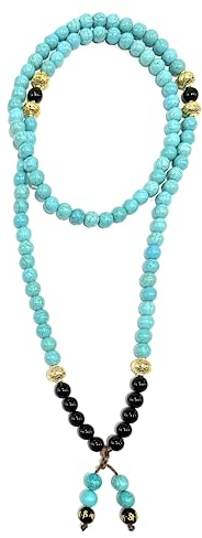 Samsara Tibetische Halskette aus Himmelblauem Türkis und Onyx - Tibetischer Mala mit 108 Perlen - Tibetischer Religionsrosenkranz