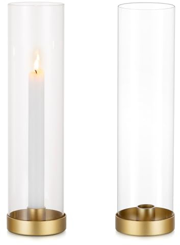 Sziqiqi Metal Candlestick Holders Gold for Wedding 30cm - Hurricane Candle Holder Decorative Candle Sticks Holder with Removable Glass Candle Stand for Christmas Table Centerpiece, 2Pcs