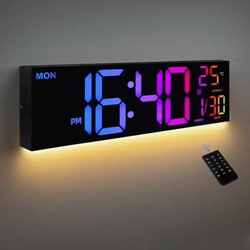 HAITANG 8 Colors Digital Wall Clock, 16.2 Large Digital Clock with Temperature, Date, Auto DST, Night Light, Auto Brightness Dimmer, 24/12-hour Wall Clock for Living Room Office Gym Decor