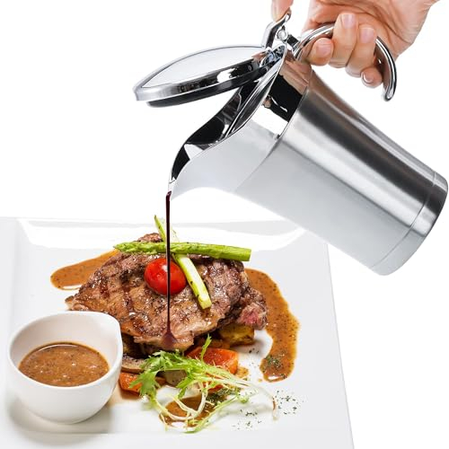 Edelstahl Thermo Sauciere, 450ml Soßenkanne mit Klappdeckel, Doppelt Isoliert Sossenbehälter, Silberner Soßenschüssel mit Deckel für Servieren von Soße Vanillesoße Sahne Soße