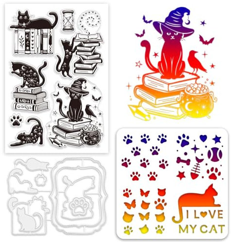 GLOBLELAND Cat Magic Book Clear Stamps and Die Sets Magic Book Stamps and Embossing Dies Set for Card Making Cat Pet Stencil Template for DIY Scrapbook Decoration Handmade Crafts Notebook