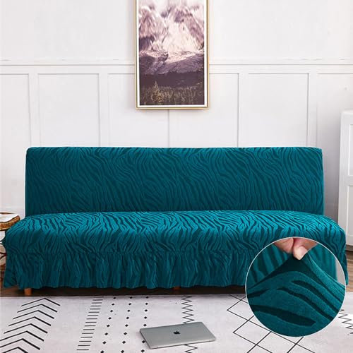 Surwin Sofabezug ohne Armlehnen Stretch Armlose Sofauberwurf Sofabettüberzug Clic Clac Jacquard Plüsch Wellen Sofahusse Schonbezug Protector mit Rock für Klappcouch Schlafsofa (2 Sitzer,Türkis)