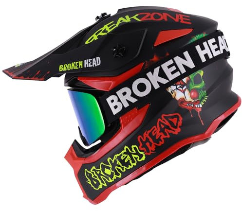 Broken Head FreakZone Motocross-Helm Schwarz-Grün-Rot matt – Cross-Helm + Crossbrille – MX – Quad – Supermoto (L 59-60 cm)
