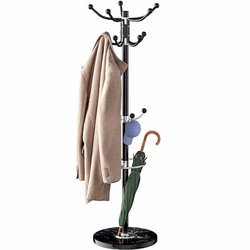 Casaria® Porte-manteau Noir avec base en marbre 14 crochets 37x37x175cm portemanteau sur pieds rangement porte-parapluie