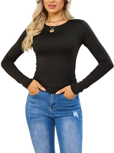 Women's Long-Sleeve Tops - Crop Tops Black Long-Sleeve Tops- Women's T-Shirts Top Streetwear High-Elastic Basics Clothing (UK, Alpha, L, Regular, Regular, 1, Black)