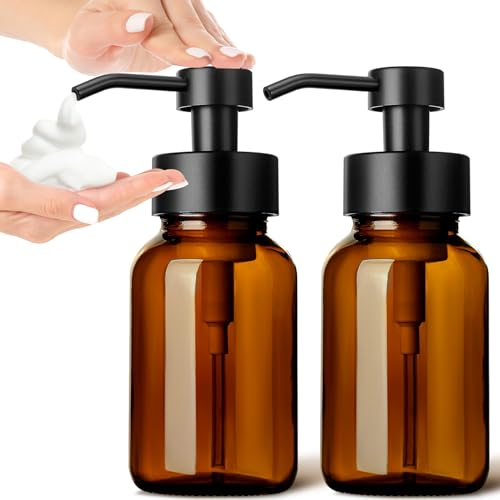 GMISUN Lot de 2 distributeurs de savon moussant, 250 ml, en verre, marron, pour cuisine, salle de bain, rétro, rechargeables, avec étiquettes