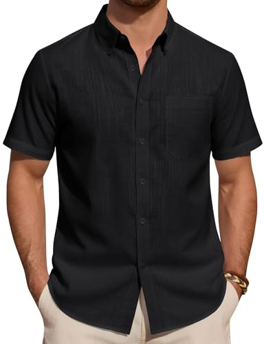 J.VER Leinenhemd Herren Kurzarm Hemd Sommer Freizeithemden Herren Casual Beach Shirts Regular Fit Männer Leinen Hemd Button Down Basic Men Shirts mit Brusttasche