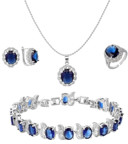 Emibele Schmuck Set,4pcs kubischer Zirkonia Kristall Ohrstecker Gliederkette Anhänger Halskette Armband Ring, Statement-Schmuck Geschenke für Frauen Hochzeit Jahrestag Geburtstag Party, Blau