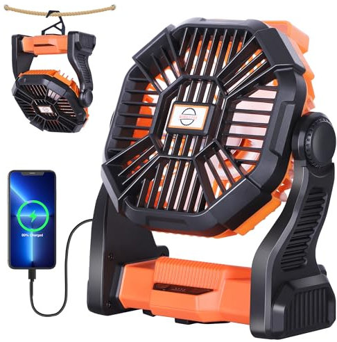 TDLOL Ventilatore portatile da campeggio con lanterna a LED, fino a 38 ore, alimentato a batteria, portatile, con testa rotante a 270°, ventilatore da campeggio per tenda, ricaricabile tramite USB,